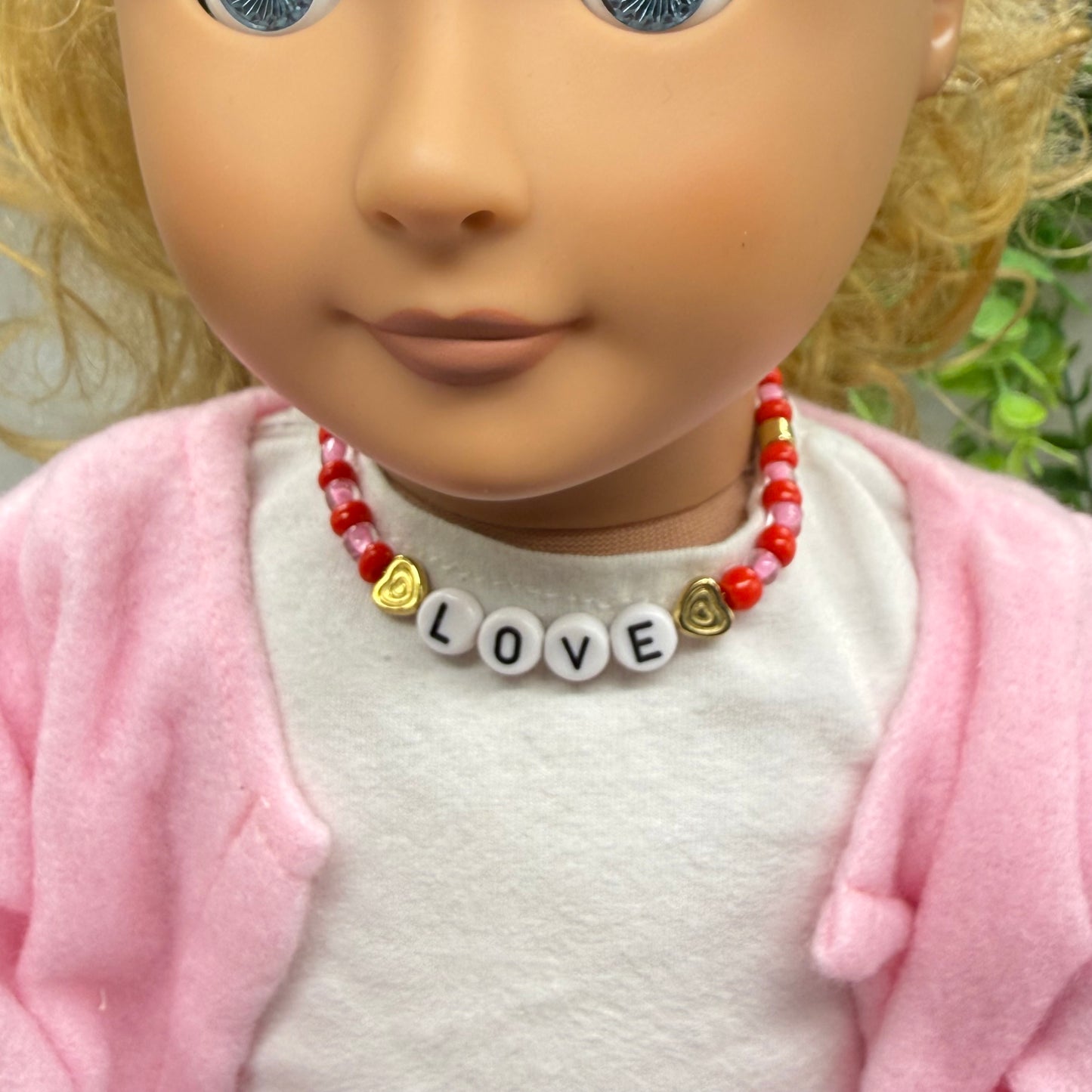 Pink Red Beaded LOVE Heart Valentine’s Day Doll Necklace • 18 Inch Fashion Doll Jewelry