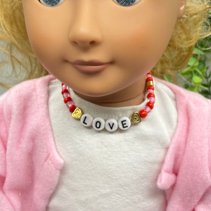 Pink Red Beaded LOVE Heart Valentine’s Day Doll Necklace • 18 Inch Fashion Doll Jewelry