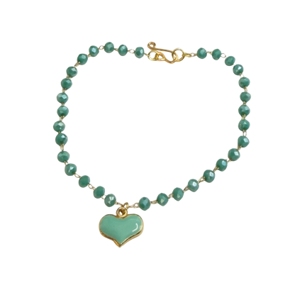 Turquoise Green Heart Charm Glass Beaded Doll Necklace • 18 Inch Fashion Doll Jewelry