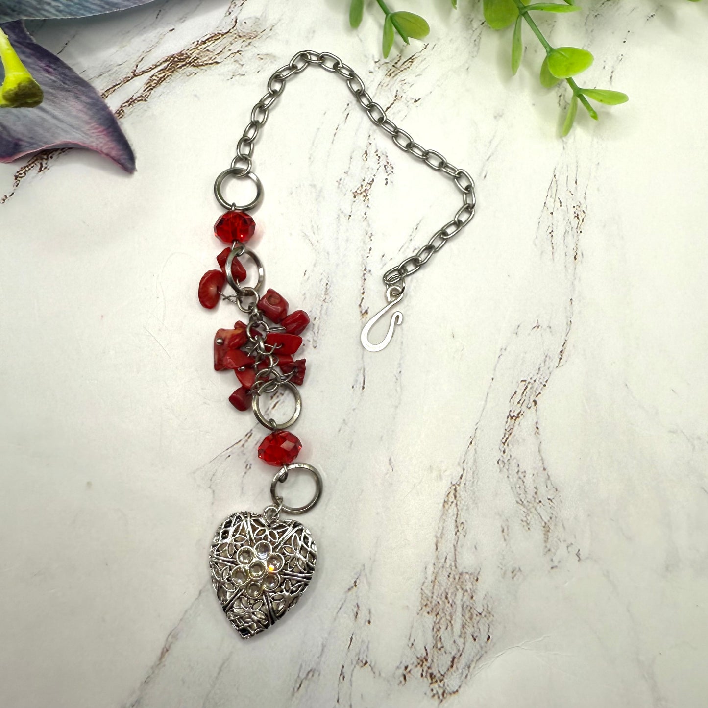 Red Stone Dangle Silver Heart Rhinestone Accents • Car Mirror Charm / Sun Catcher