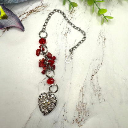 Red Stone Dangle Silver Heart Rhinestone Accents • Car Mirror Charm / Sun Catcher