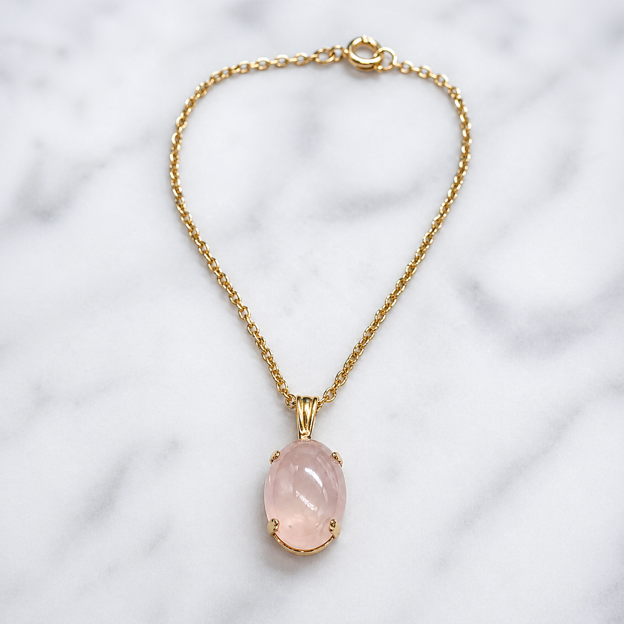 Oval Opal Light Pink Glass Pendant Gold Chain Doll Necklace • 18” Doll Jewelry
