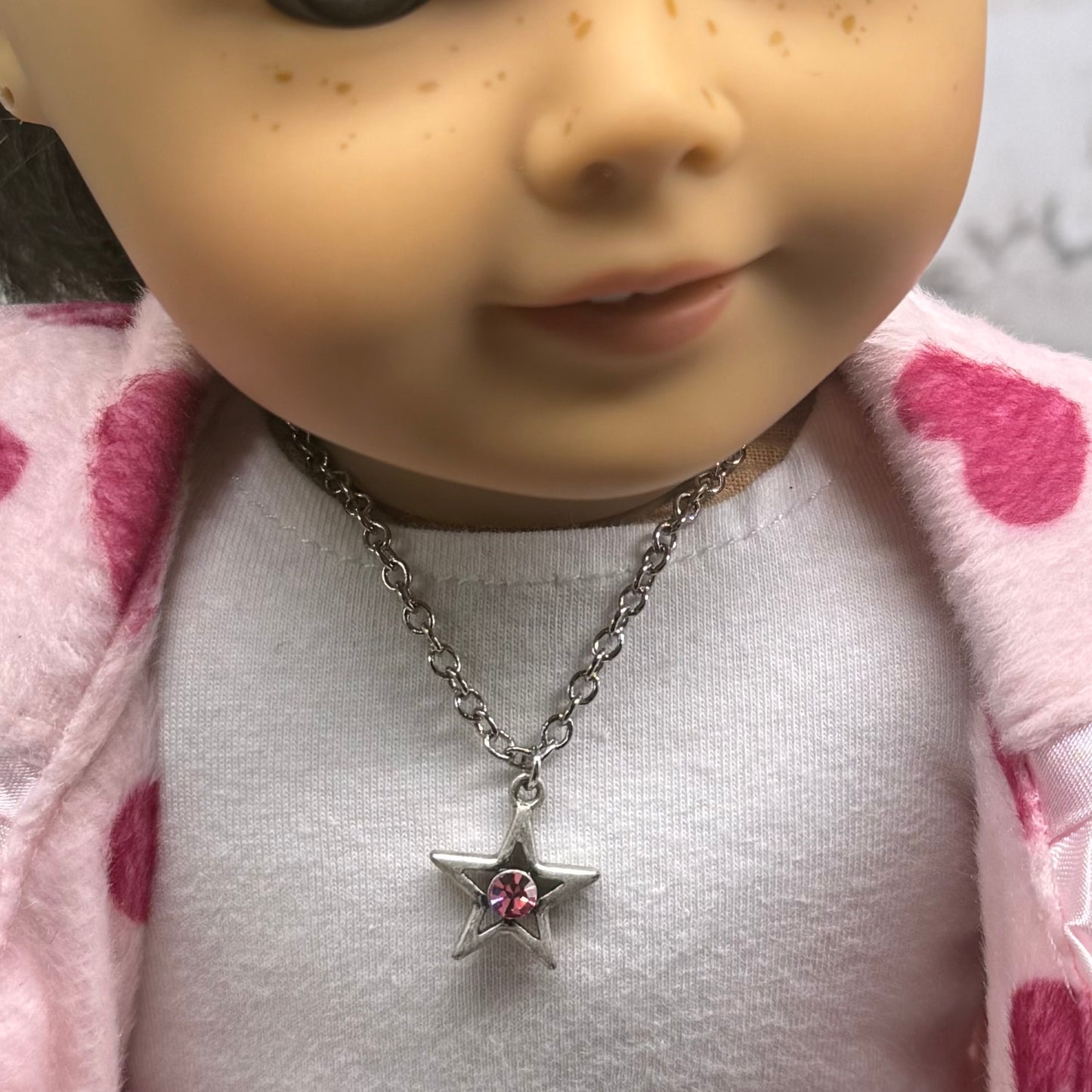 Silver Star Pink Rhinestone Charm Doll Necklace • 18 Inch Fashion Doll Jewelry