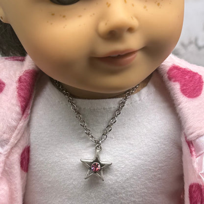 Silver Star Pink Rhinestone Charm Doll Necklace • 18 Inch Fashion Doll Jewelry