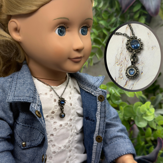 Blue Rhinestone Pendant Gun Metal Silver Chain Doll Necklace• 18 Inch Fashion Doll Jewelry