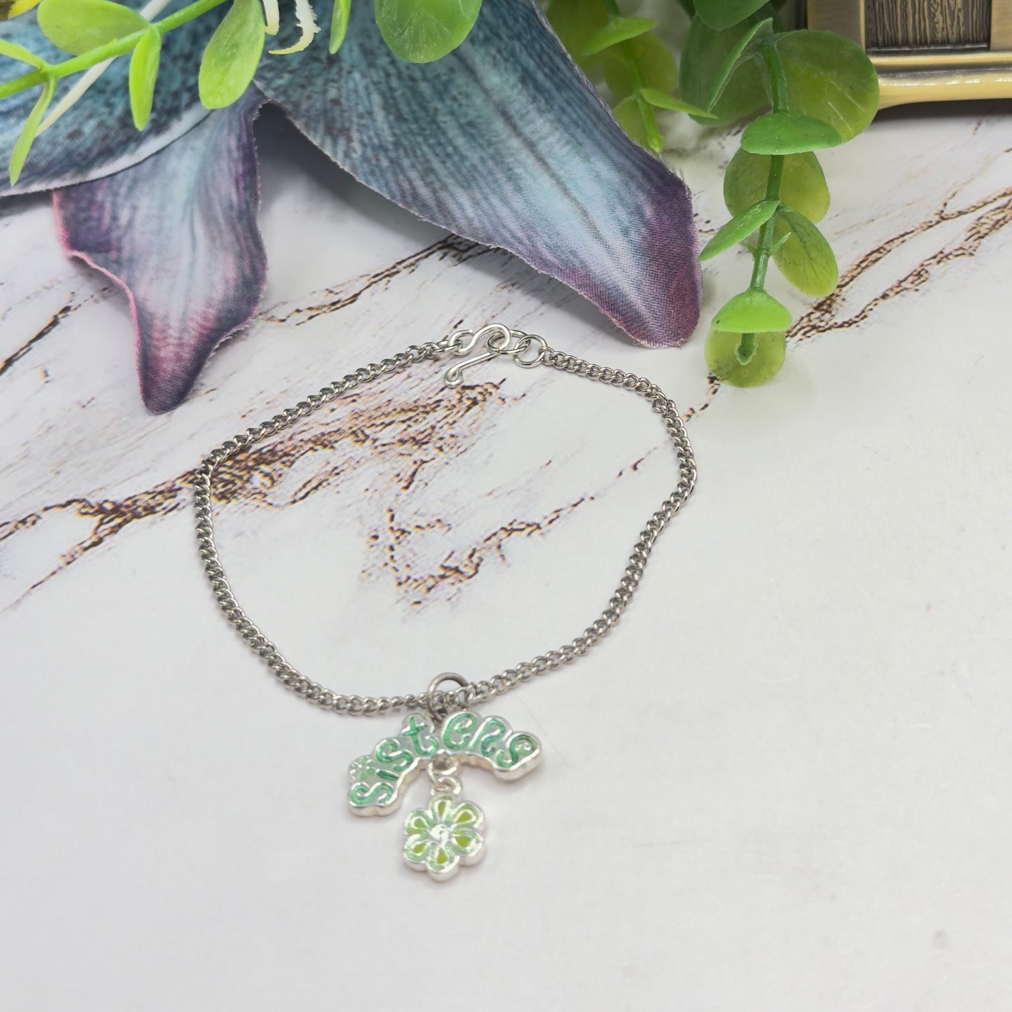 Sisters Green Enamel Charm Silver Doll Necklace • 18 Inch Fashion Doll Jewelry