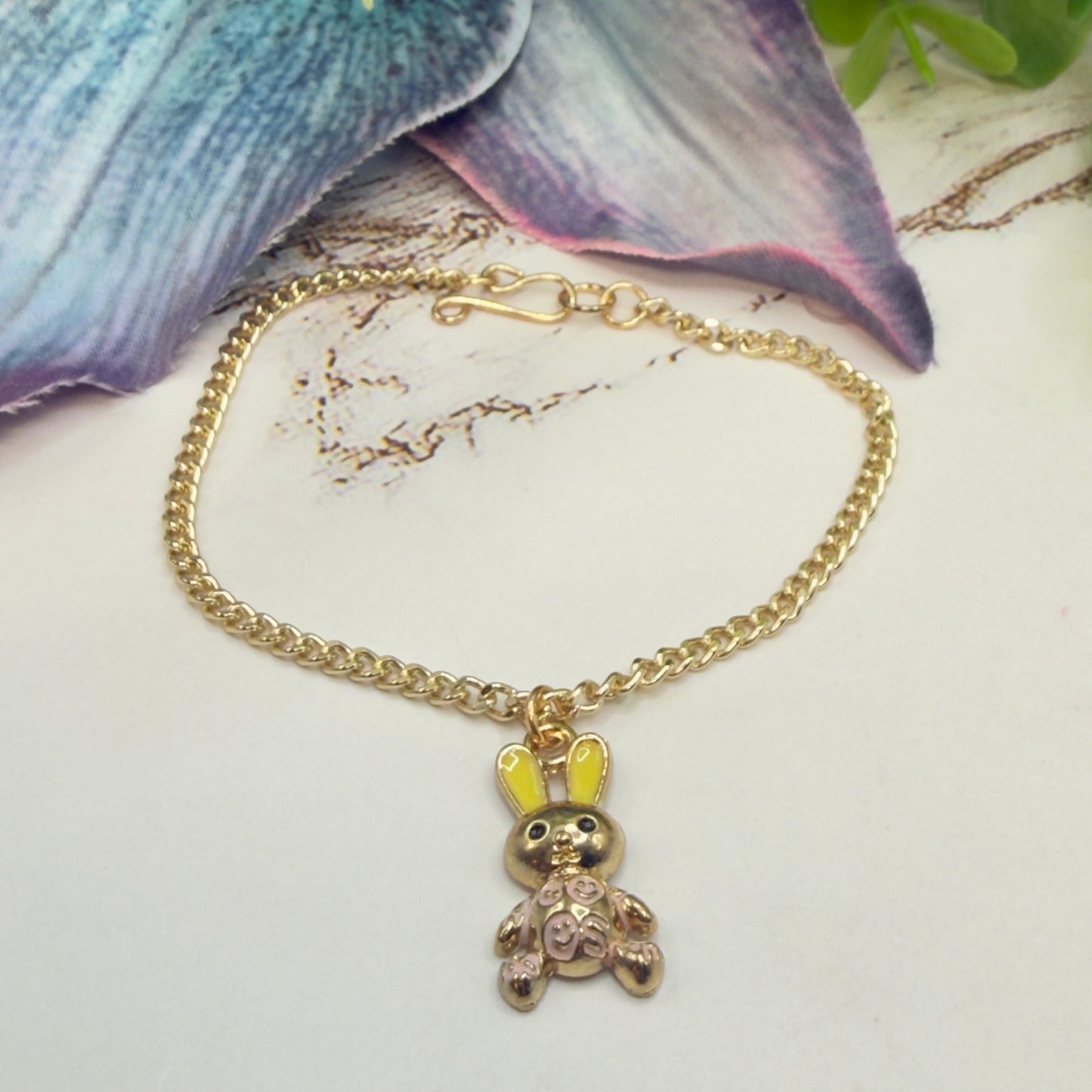 Bunny Yellow & Pink Enamel Detail Charm Doll Necklace Easter • 18 Inch Fashion Doll Jewelry