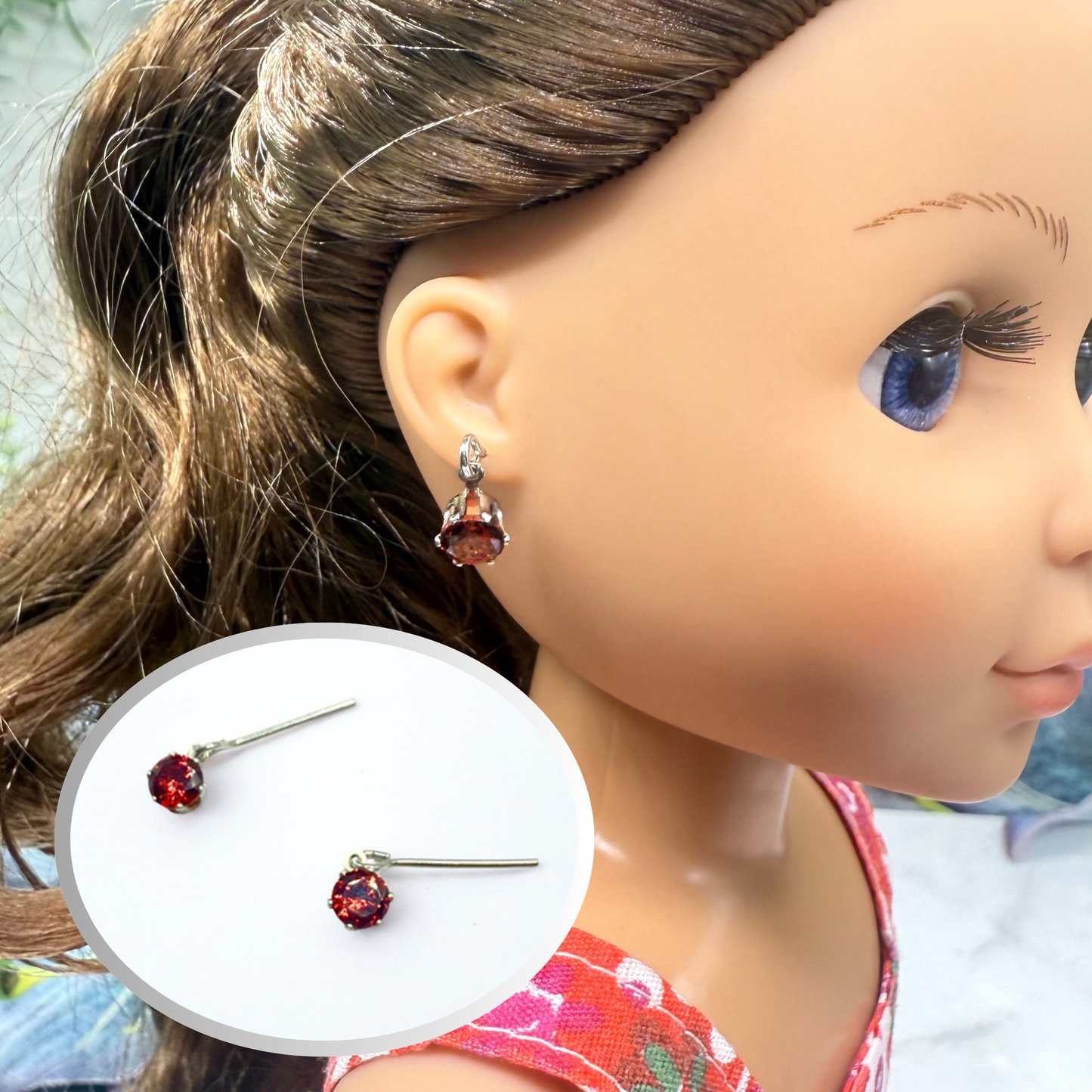 Red Round Rhinestone Silver Dangle Doll Earrings • 14 Inch Fashion Doll Jewelry