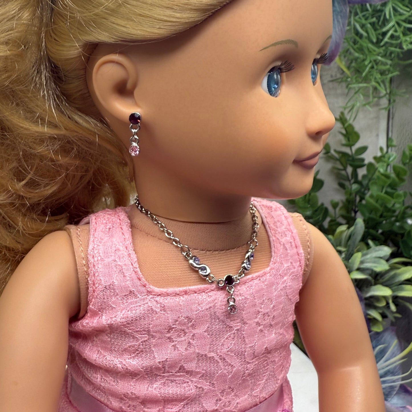 Pink Purple Rhinestone Silver Doll Necklace & Earrings Set • 18 Inch Fashion Doll Jewelry