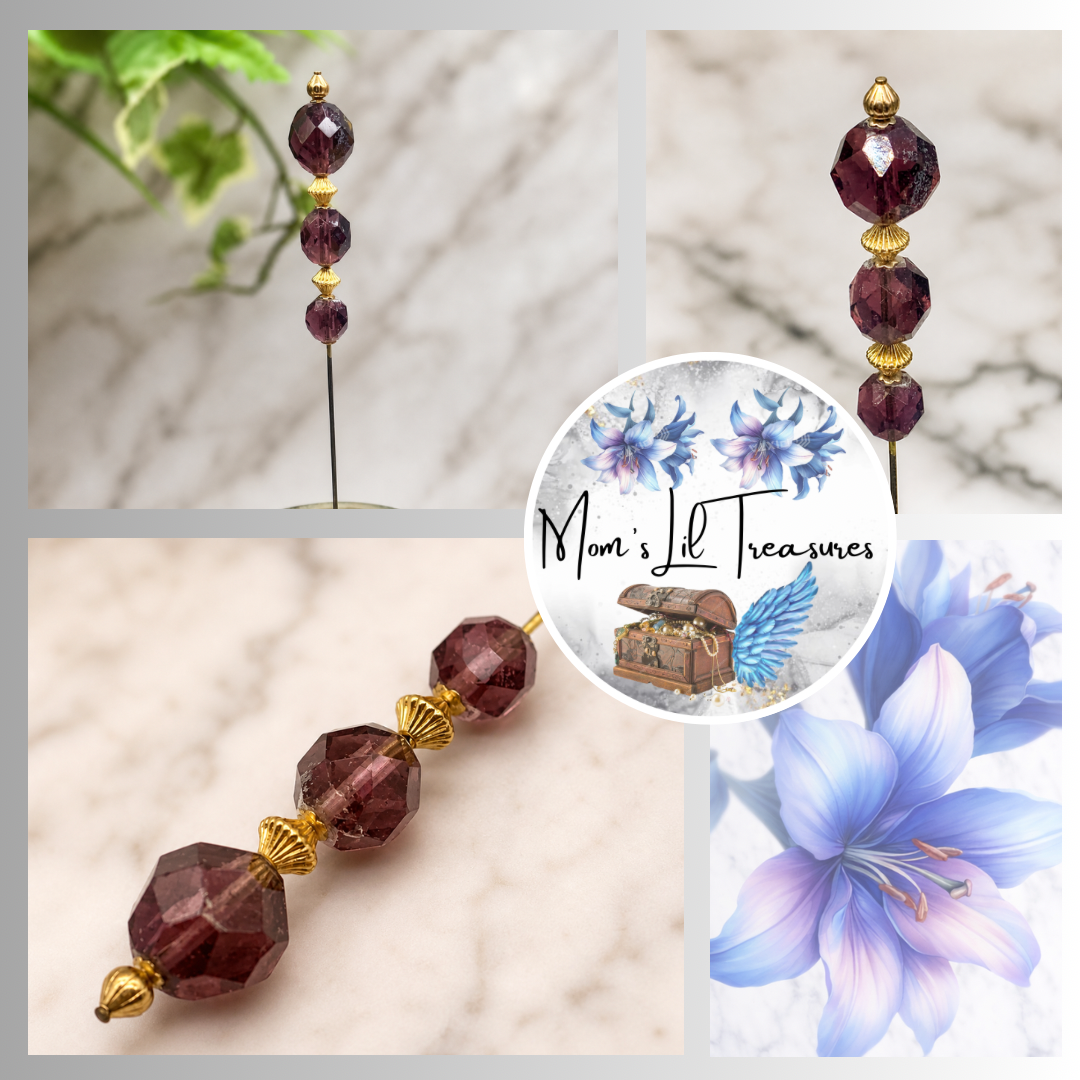 Purple Amethyst Glass Crystal Bead Gold Accents • 8” • Hatpin - Stick Pin