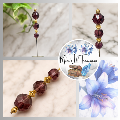 Purple Amethyst Glass Crystal Bead Gold Accents • 8” • Hatpin - Stick Pin