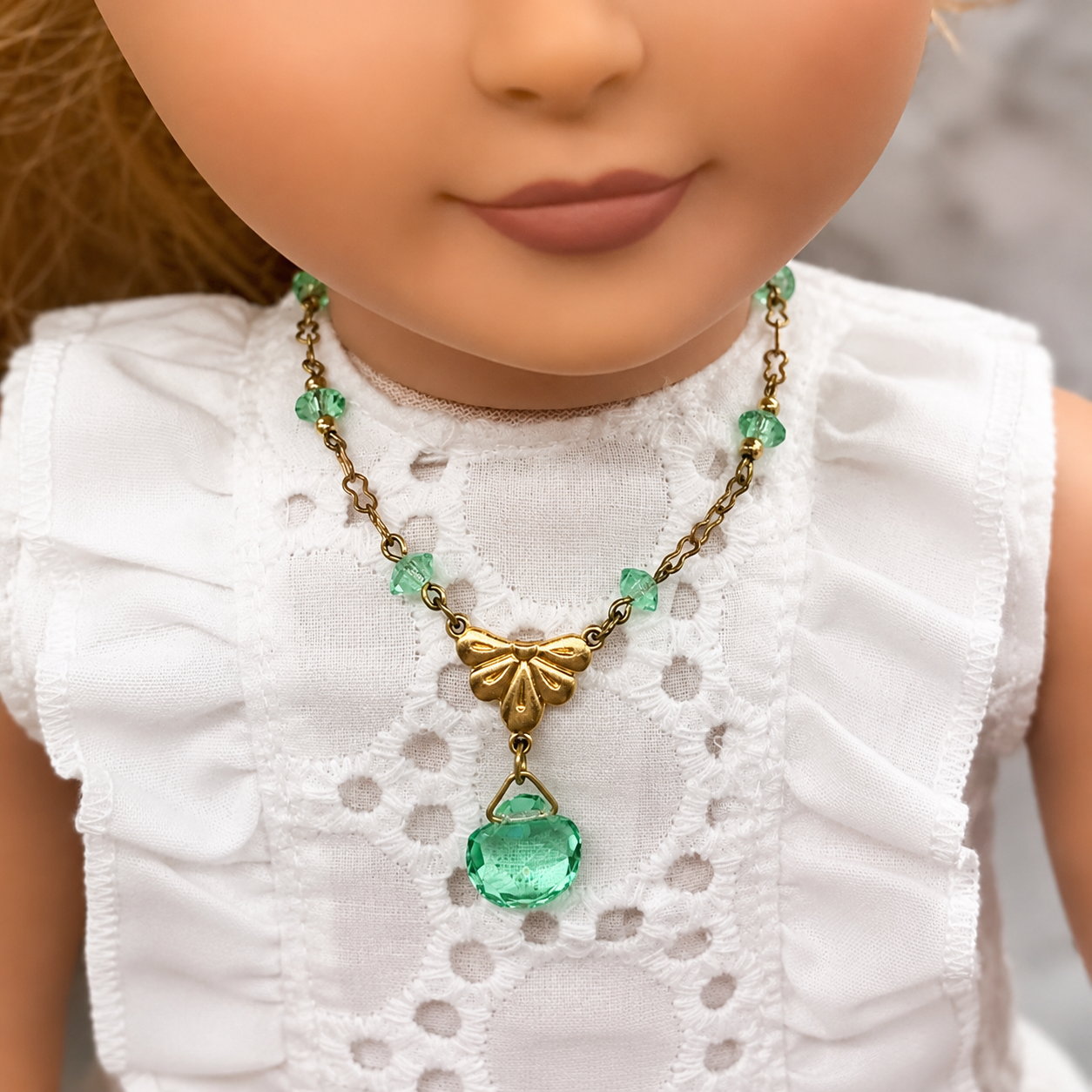 Green Glass Crystal Pendant Gold Doll Necklace • 18 Inch Fashion Doll Jewelry