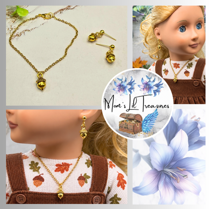 Acorn Harvest Autumn Charm Gold Doll Necklace and Earrings Set | for 18 Inch Fashion Doll