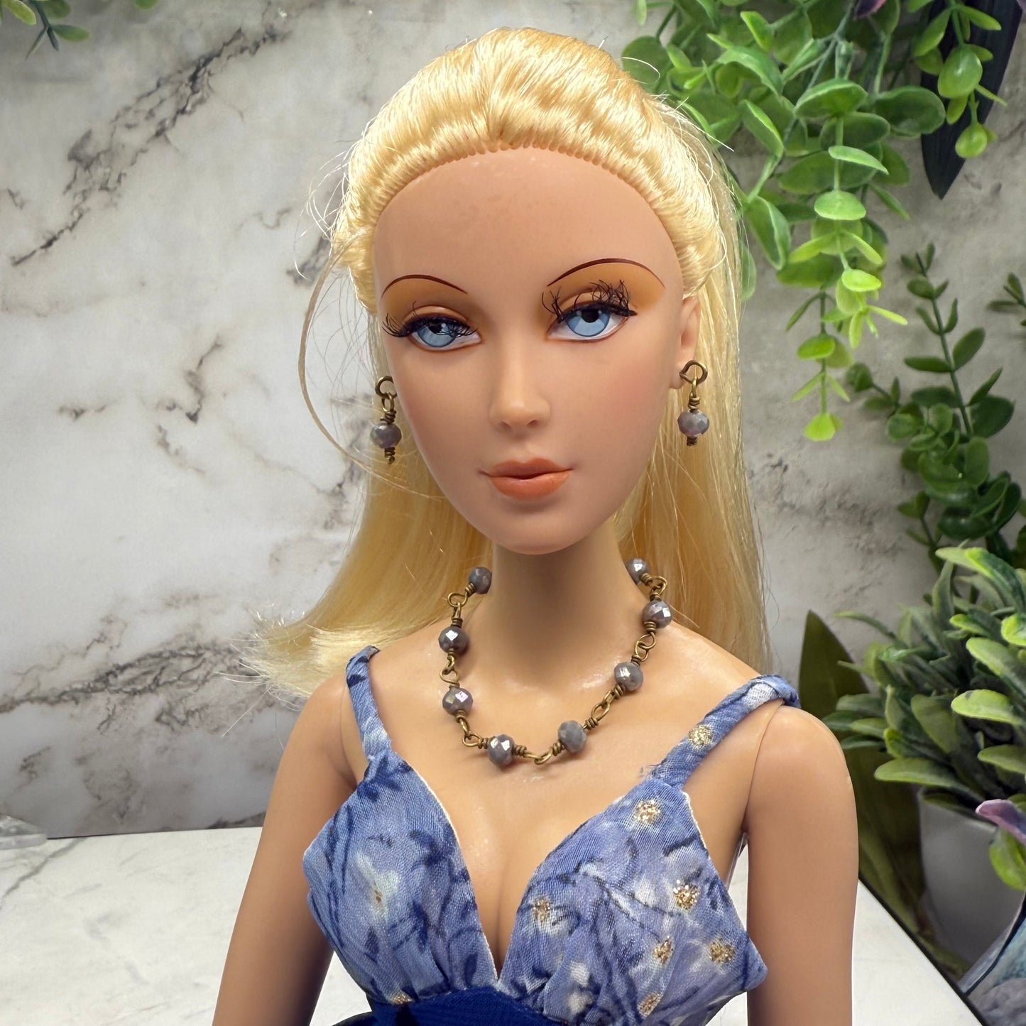 Gray Glass Crystal Beaded Doll Necklace & Earrings • 16 Inch Fashion Doll Jewelry