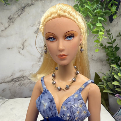 Gray Glass Crystal Beaded Doll Necklace & Earrings • 16 Inch Fashion Doll Jewelry