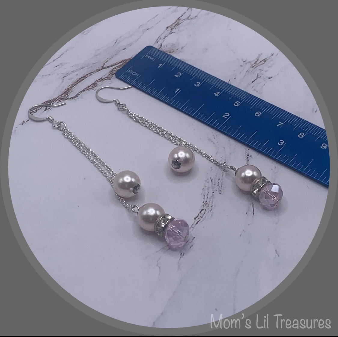 Pink Crystal Faux Pearl Rhinestone Silver Tone Chain Dangle Earrings - Handmade