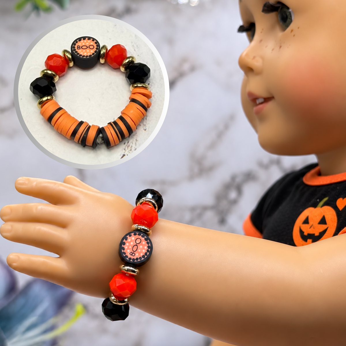 Orange Black Red Beaded Boo Halloween Stretch Bracelet | for 18 Inch Fashion Doll