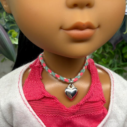 Pink Blue White Braided Thread Doll Necklace w/ Silver Heart Charm • 14 Inch Fashion Doll Jewelry