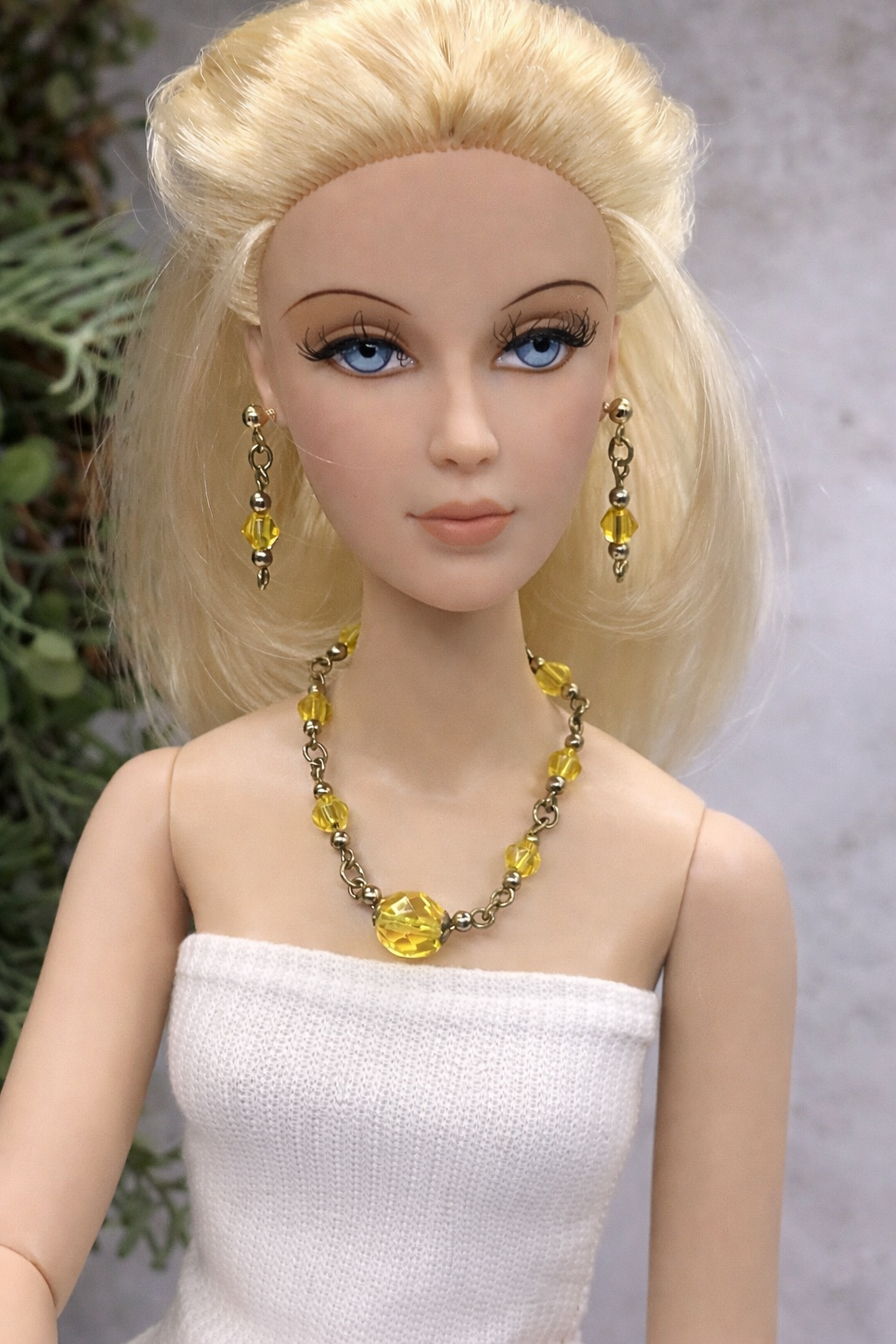 Light Yellow Glass Crystal Doll Necklace Earring Set • 16” Fashion Doll Jewelry
