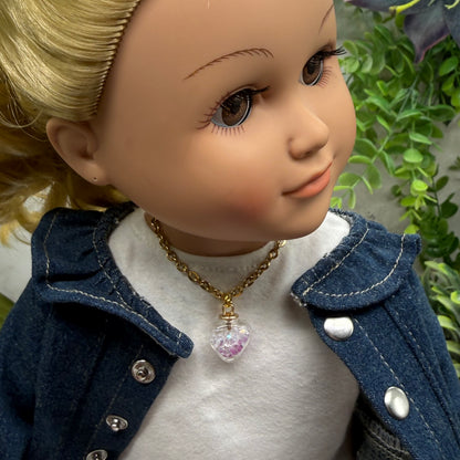 Glass Heart Shaped Pendant w/ Purple Clear Crystals (Glow in Dark) Gold Chain Doll Necklace • 18 Inch Fashion Doll Jewelry