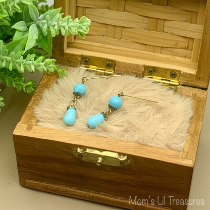 Blue Glass Gold Dangle Doll Earrings • 18 Inch Fashion Doll Jewelry
