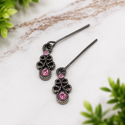 Pink Rhinestone Gun Metal Design Doll Necklace Earring Set • 18” Doll Jewelry