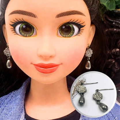 Silver Pewter Daisy Flower Teardrop Doll Earrings • 18 Inch Fashion Doll Jewelry