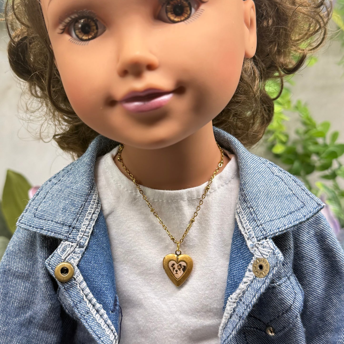 Dog Bulldog Puppy Photo Heart Locket Doll Necklace • 18 Inch Fashion Doll Jewelry
