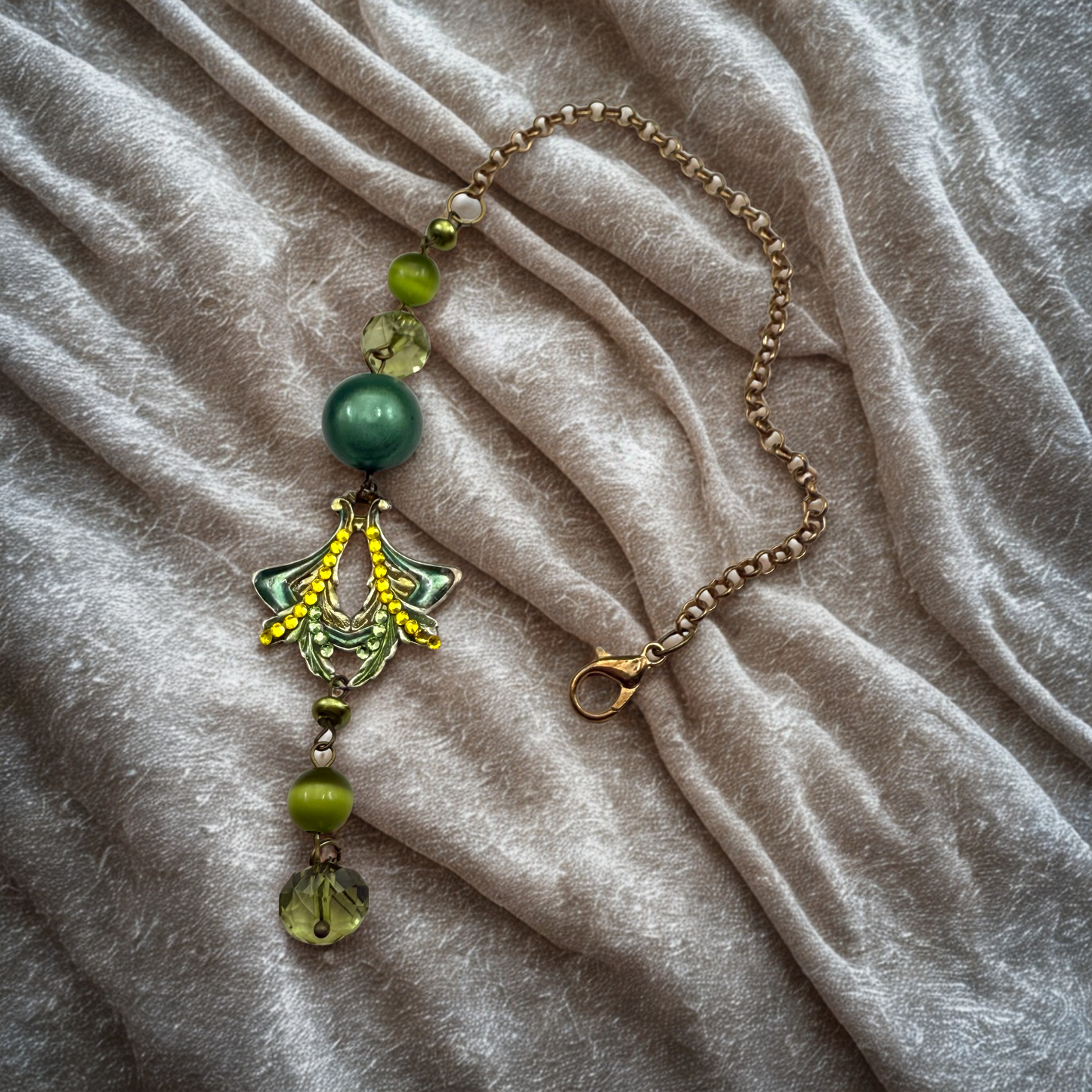 Green  Enamel  Rhinestone  Acrylic Beaded Chain • Car Mirror Charm / Sun Catcher