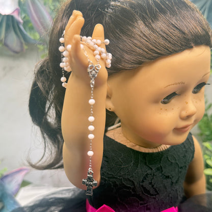 Cream Color - Off White Glass Crystal Beaded Silver Cross • Doll Size Catholic Rosary for 18-22” Fashion or Vintage Dolls