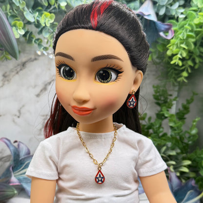 Red White Blue Teardrop Patriotic Star Gold Doll Necklace & Earrings for 18 Inch Fashion Doll