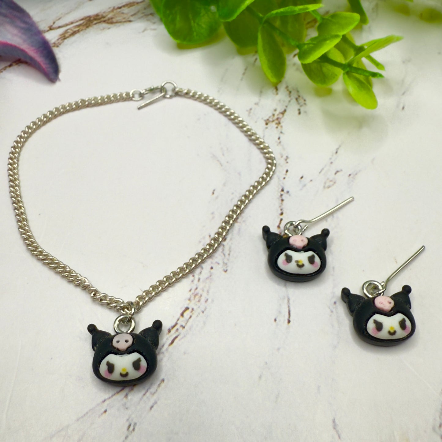 KUROMI Charm Sanrio Doll Necklace & Earrings Set • 18 Inch Fashion Doll Jewelry