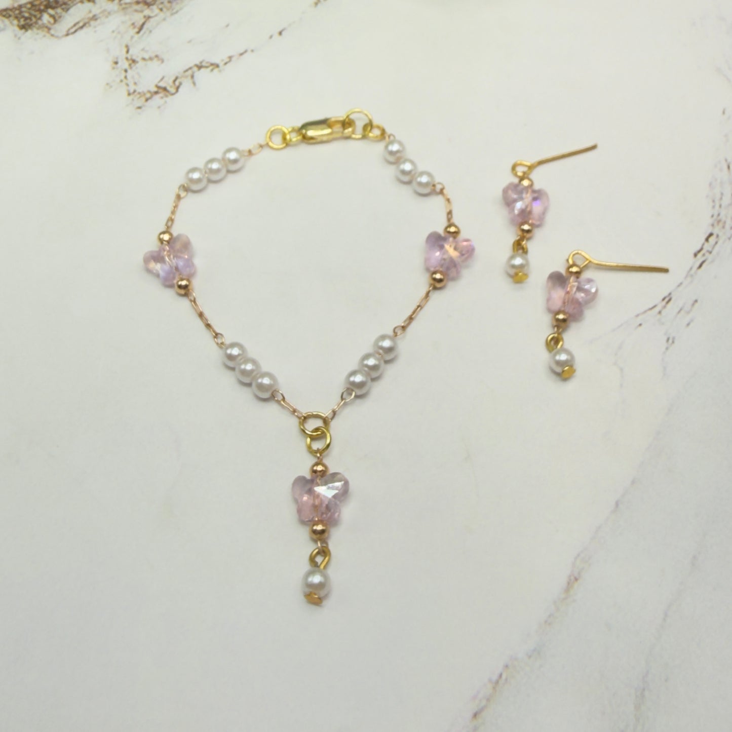 Pink Acrylic Crystal Butterfly & Pearl Gold Doll Necklace & Earrings • 18 Inch Fashion Doll Jewelry