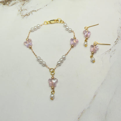 Pink Acrylic Crystal Butterfly & Pearl Gold Doll Necklace & Earrings • 18 Inch Fashion Doll Jewelry
