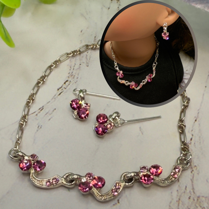 Light Dark Pink Rhinestone Silver Curved Link Doll Necklace & Earrings Set • 18 Inch Fashion Doll Jewelry