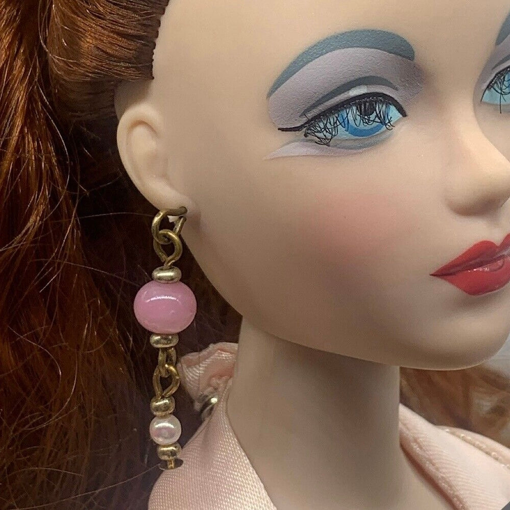 Pink Glass Pearl Gold Dangle Doll Earrings •  16 Inch Fashion Doll Jewelry