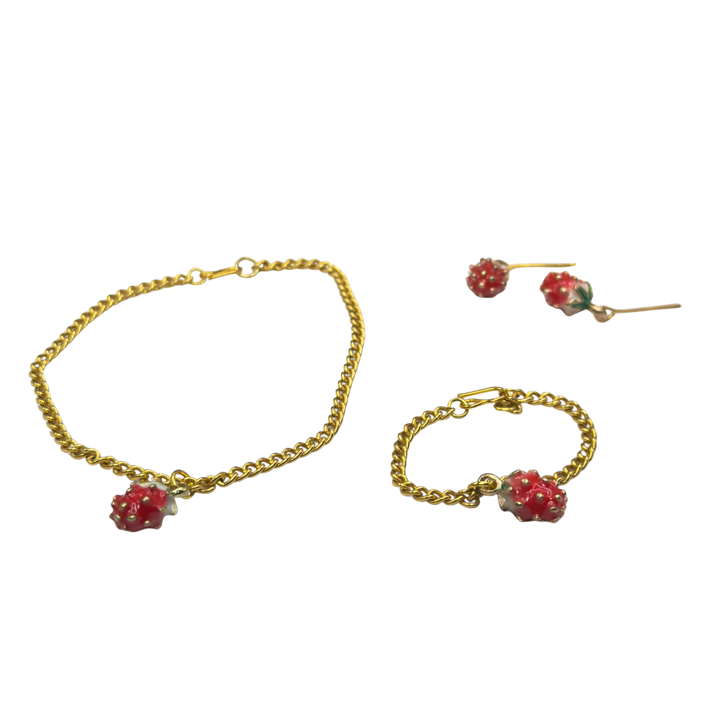 Strawberry Enamel Design Charm Doll Necklace - Bracelet & Earrings Set • 18 Inch Fashion Doll Jewelry