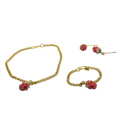 Strawberry Enamel Design Charm Doll Necklace - Bracelet & Earrings Set • 18 Inch Fashion Doll Jewelry