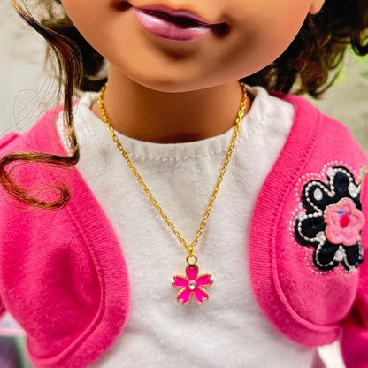 Pink Flower Charm Rhinestone Center Gold Doll Necklace • 18 Inch Fashion Doll Jewelry