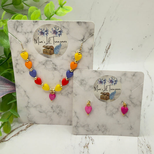 Rainbow Multi Color Heart Beaded Doll Necklace & Earrings Set • 18 Inch Fashion Doll Jewelry