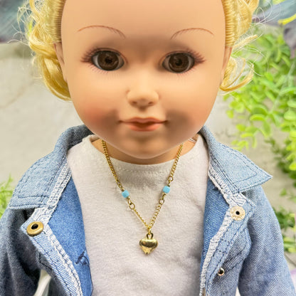 Blue Glass Bead Gold Chain Heart Charm Doll Necklace • 18 Inch Fashion Doll Jewelry