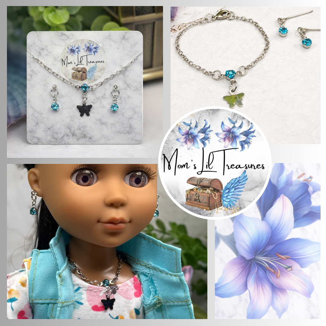 Teal Blue Rhinestone Silver Butterfly Charm Doll Necklace & Earrings Set for 14 Inch Fashion Dolls