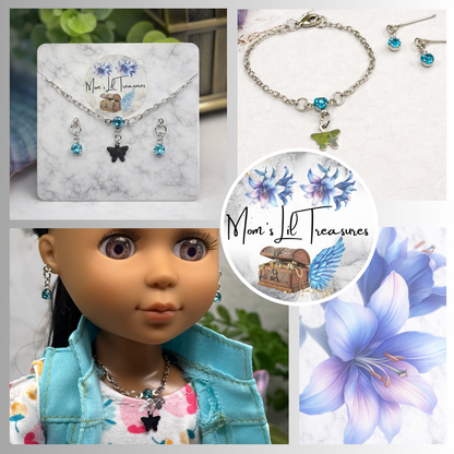 Teal Blue Rhinestone Silver Butterfly Charm Doll Necklace & Earrings Set for 14 Inch Fashion Dolls