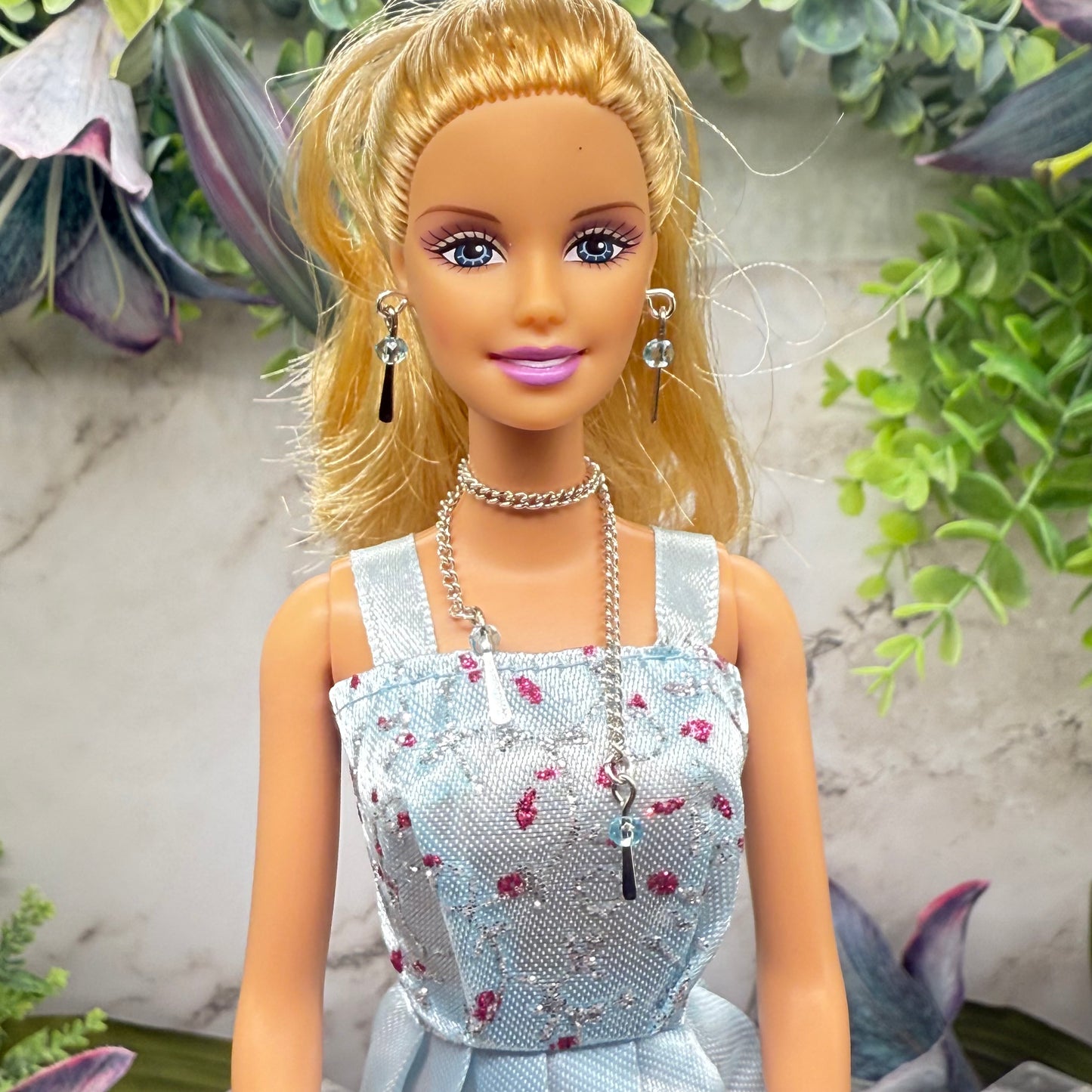 Light Blue Crystal Silver Dangle Wrap Layer Style Doll Necklace / Belt & Earrings • 10-12 Inch Fashion Doll Jewelry 1:6