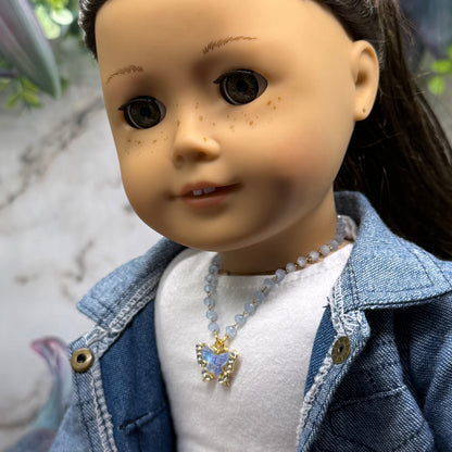 Blue Butterfly Rhinestone Accent Pendant Blue Glass Beaded Doll Necklace • 18 Inch Fashion Doll Jewelry