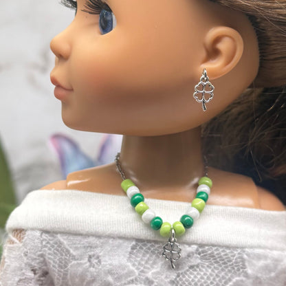 Green White Beaded Silver Four-Leaf Clover Shamrock Charm Doll Necklace & Earrings • 14 Inch Fashion Doll Jewelry