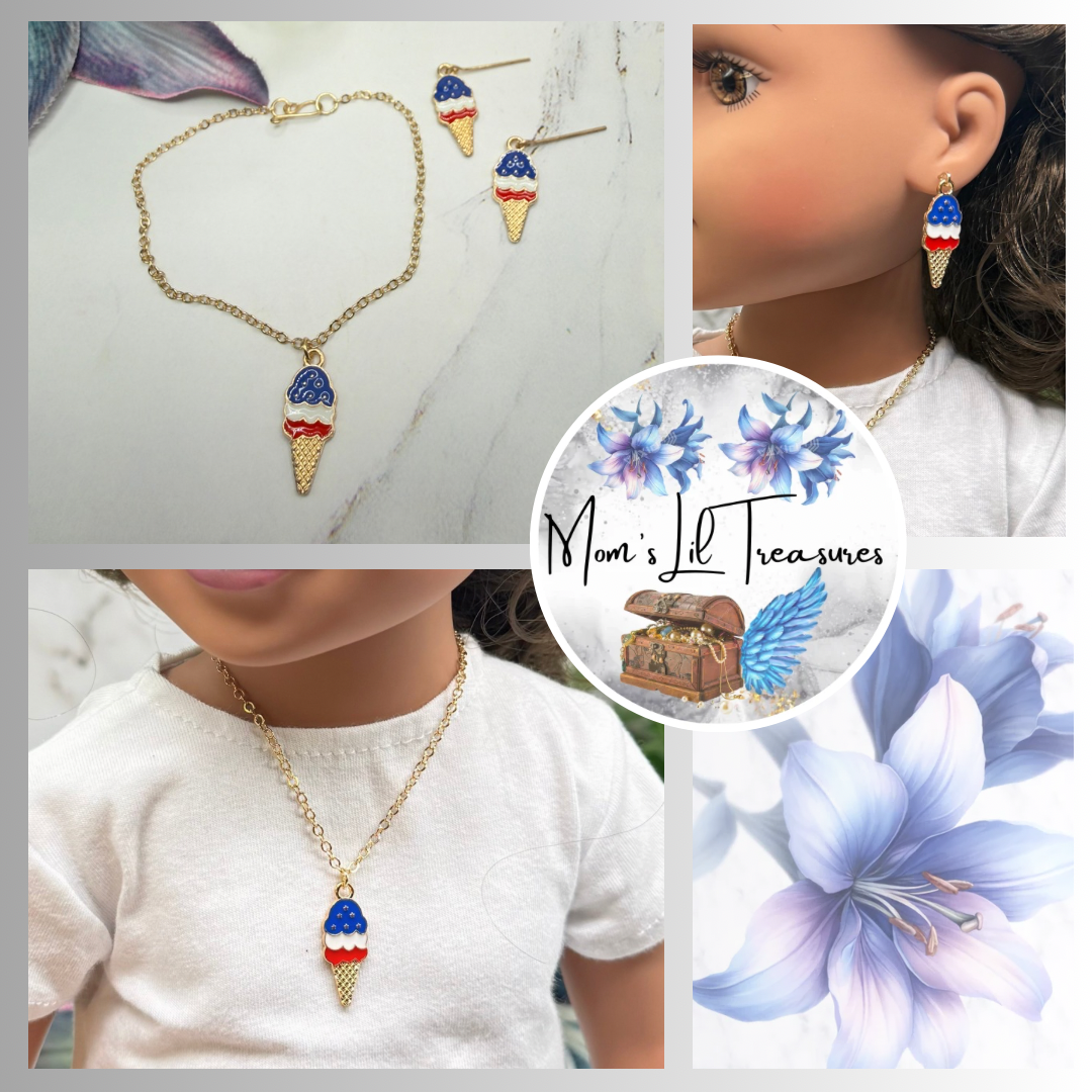 Red White Blue Patriotic Ice Cream Cone Charm Doll Necklace & Earrings Set for 18 Inch Fashion Doll