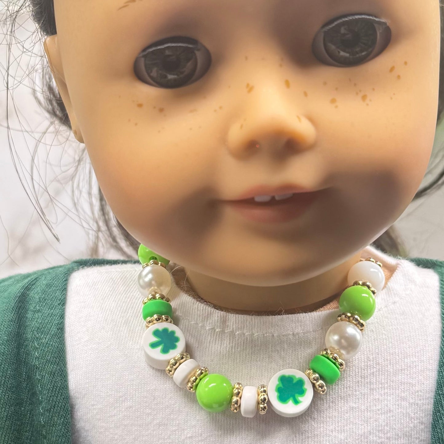 Green White Bubble Gum Beaded Four-Leaf Clover Doll Necklace • 18 Inch Fashion Doll Jewelry