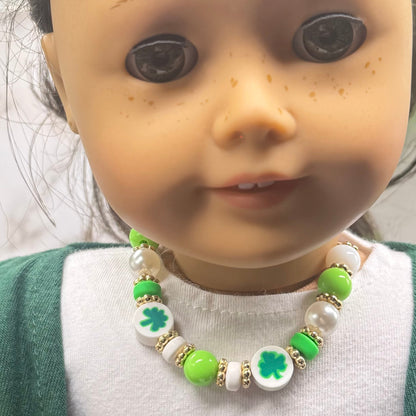 Green White Bubble Gum Beaded Four-Leaf Clover Doll Necklace • 18 Inch Fashion Doll Jewelry