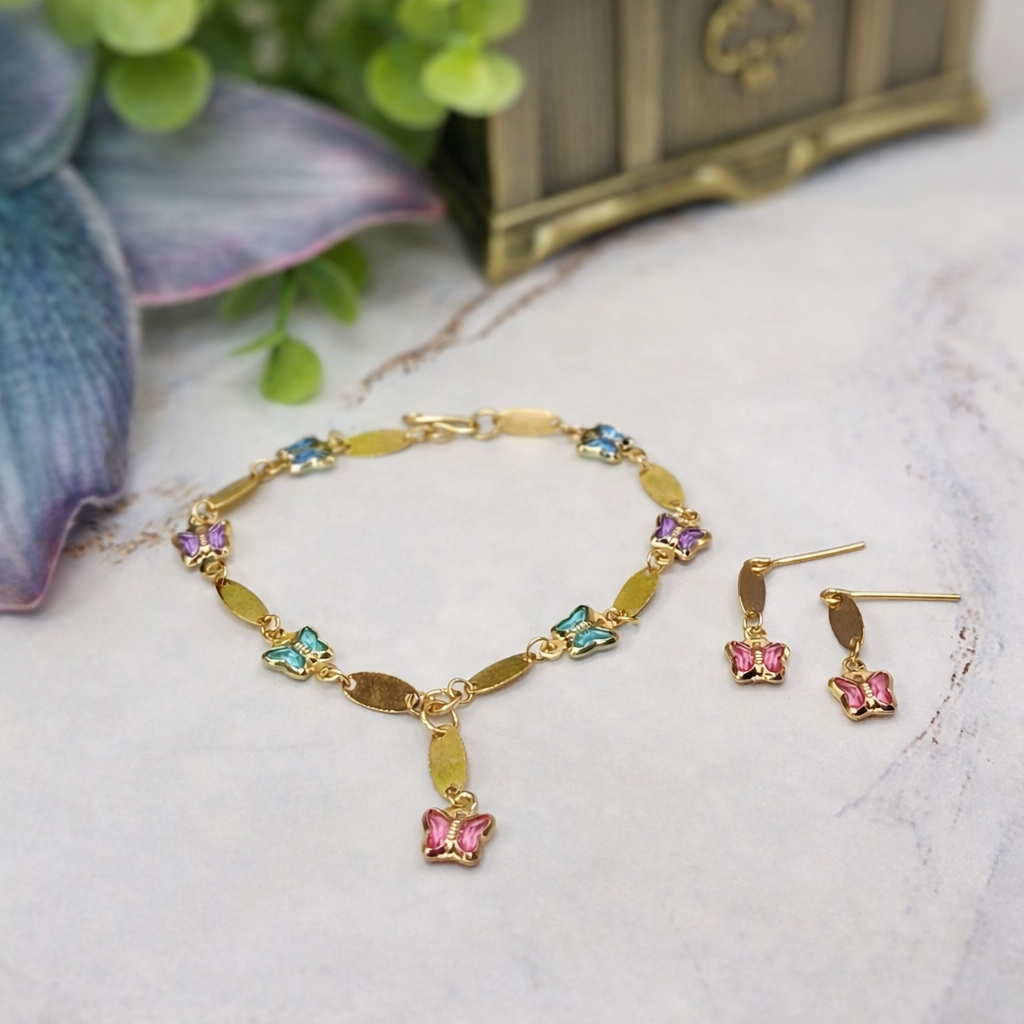 Multi Color Acrylic Crystal Butterfly Charm Gold Oval Link Doll Necklace & Earrings Set for 18 Inch Fashion Dolls